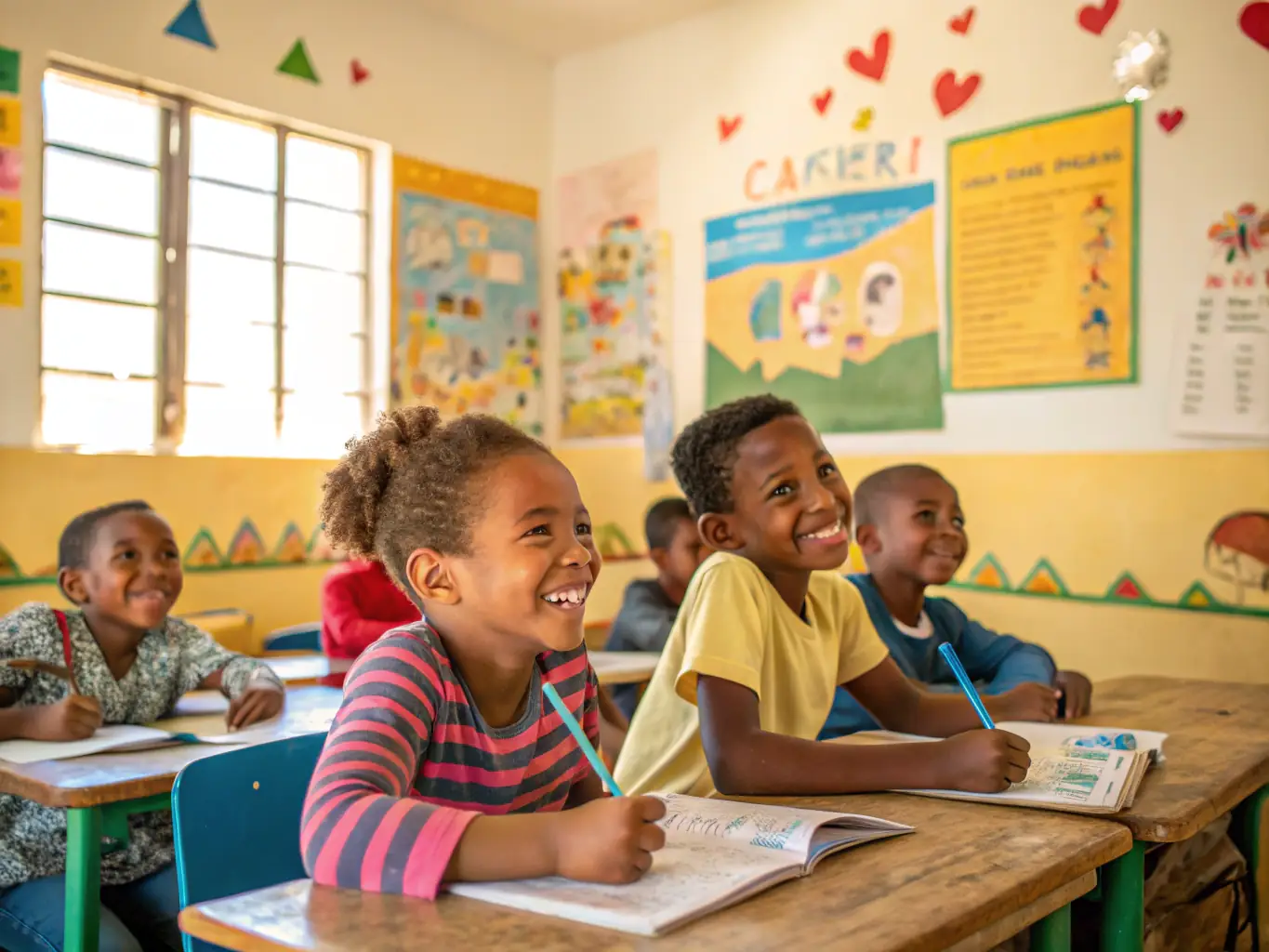 An image of children and adults participating in a classroom setting, engaging with teachers and learning materials, representing Fondation Eulalie-Rose's educational programs.
