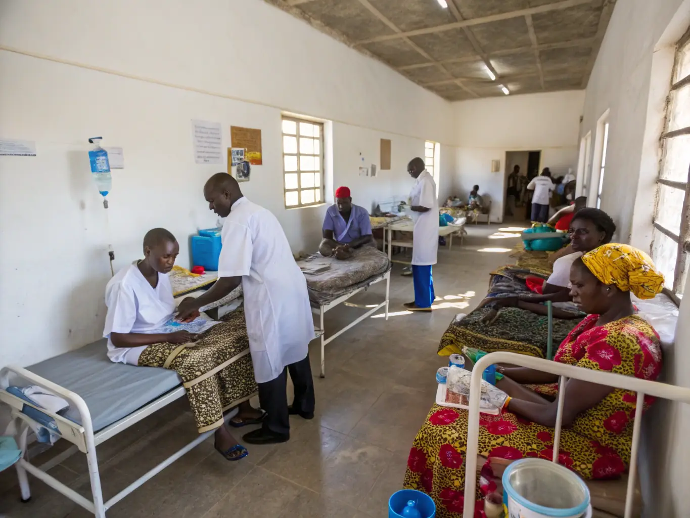 A photo of a healthcare clinic setup in a community center, with doctors and nurses providing medical assistance to people.