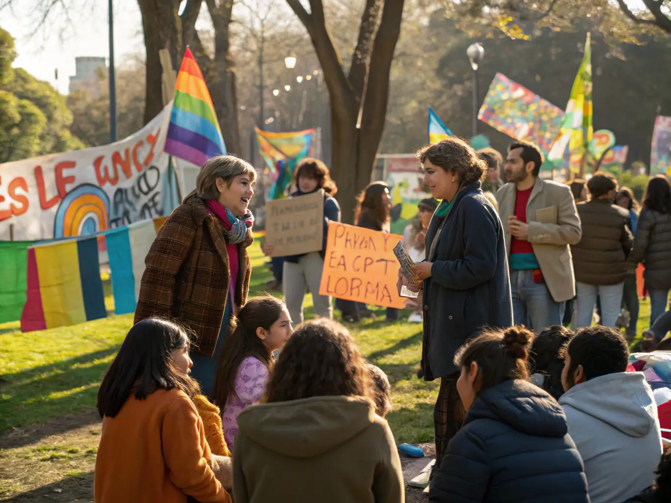 A community rally or workshop advocating for social justice, with diverse participants engaging in discussion, symbolizing Fondation Eulalie-Rose's social justice initiatives.